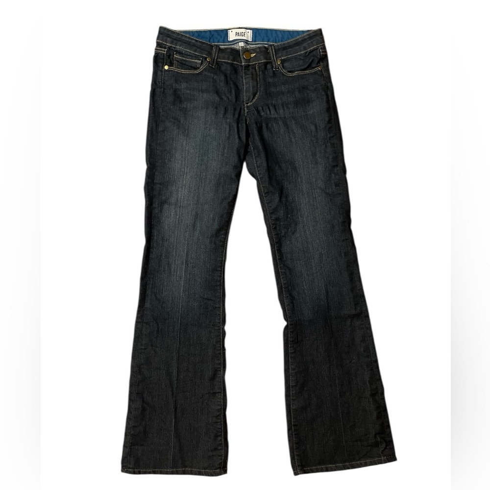 PAIGE Anthropologie Deep Dark Indigo Skyline Low Rise Bootcut Western Wide Jeans - Picture 5 of 15
